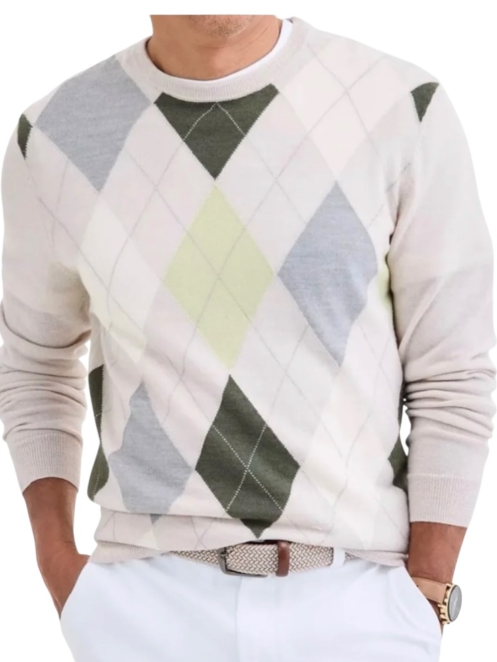Club Room Men’s Merino Wool Sweater, Beige Green Gray Crewneck - NWT